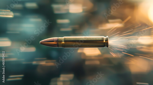 A single bullet is fired from a gun. The bullet is in mid-air, and the background is blurred. The bullet is spinning, and the rifling of the gun can be seen on the bullet. photo
