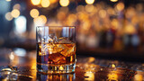 Generate an image of glass of whiskey on the bar counter with blurred bar lights in the background.
