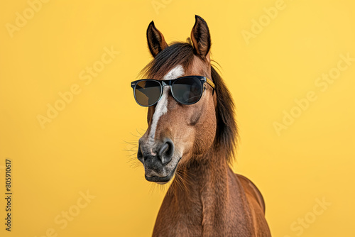 Brown stallion with sunglasses in yellow landscape. Generative AI
