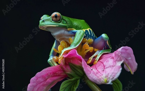 Flying frog sitting on a flower stalk, beautiful tree frog on a pink flower, rachophorus reinwardtii, very beautiful Javanese tree frog photo