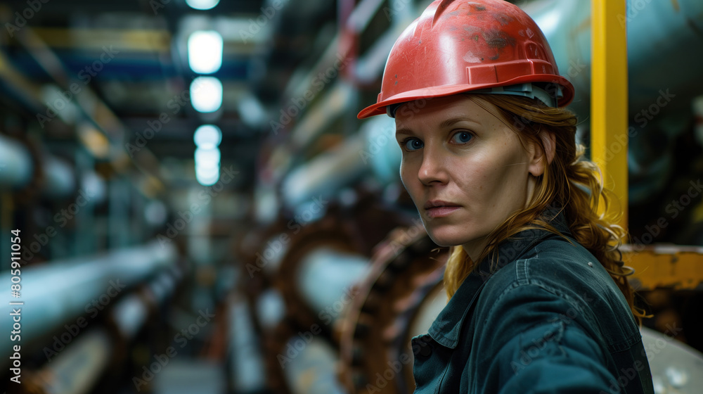 Focused female engineer wearing a red hard hat in a factory setting.