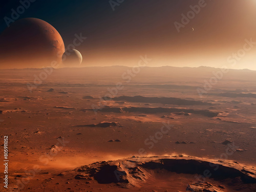 Mars Expedition  Surface of the Red Planet  with Olympus Mons Rising in the Distance  the Setting Sun Casting Long Shadows  and a Dust Storm Gathering on the Horizon.