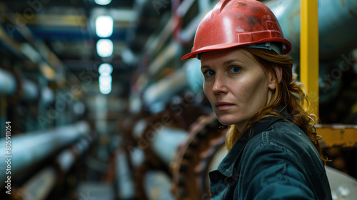 Focused female engineer wearing a red hard hat in a factory setting.