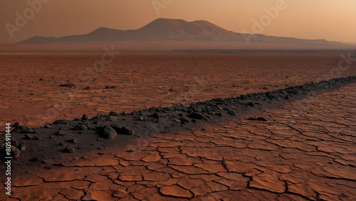 Martian Landscape  Red Sands Stretching into the Distance  with Olympus Mons Towering on the Horizon  Shadows Lengthened by the Setting Sun  and a Distant Dust Storm Stirring.