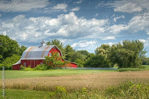 Red barn surrounded by lush greenery in summer 