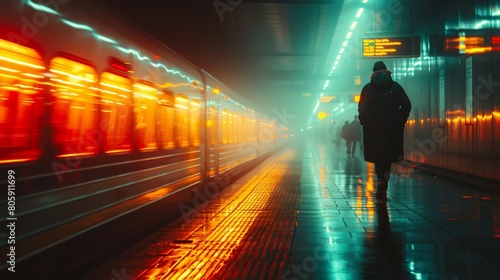 train station with traveler or people walking in blurred motion in train station space 