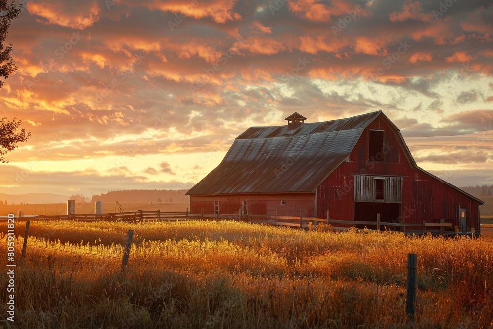 Sunset over rustic red barn in field
Sunset over rustic red barn in field