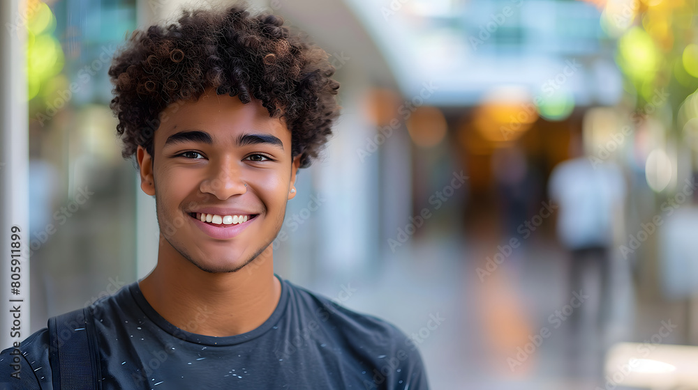 Confident African American Teenage Boy Smiling in an Outdoor Shopping Mall Setting, Copy Space for Text Confident African American Teenage Boy Smiling in an Outdoor Shopping Mall Setting, Copy Space for Text