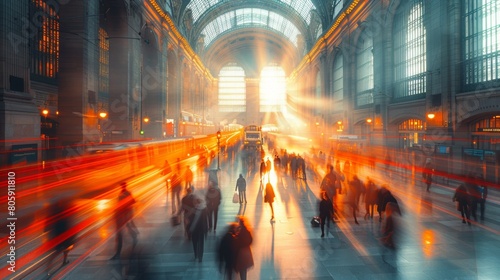train station with traveler or people walking in blurred motion in train station space 