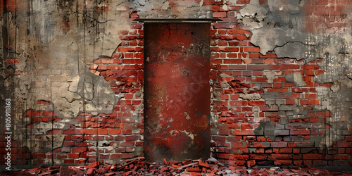 rusty old door with brick wall and metal doorknob Textured stone background. Stone wall texture.