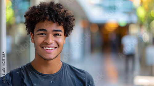 Confident African American Teenage Boy Smiling in an Outdoor Shopping Mall Setting, Copy Space for Text