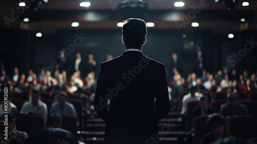 A professional man stands on a stage in front of a large audience. He is wearing a dark suit and tie. The audience is listening attentively to his speech.