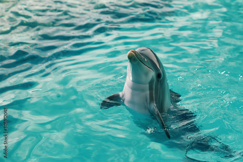 A Bottlenose dolphin gracefully swims in the pool, gazing up at the camera. Generative AI