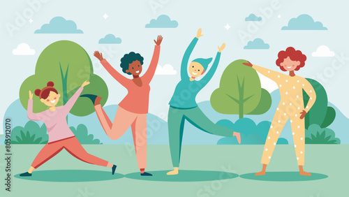 Joyful giggles and synchronized movements as a group of friends in pajamas stretch and tone their bodies in a park during a morning Pilates session.. Vector illustration