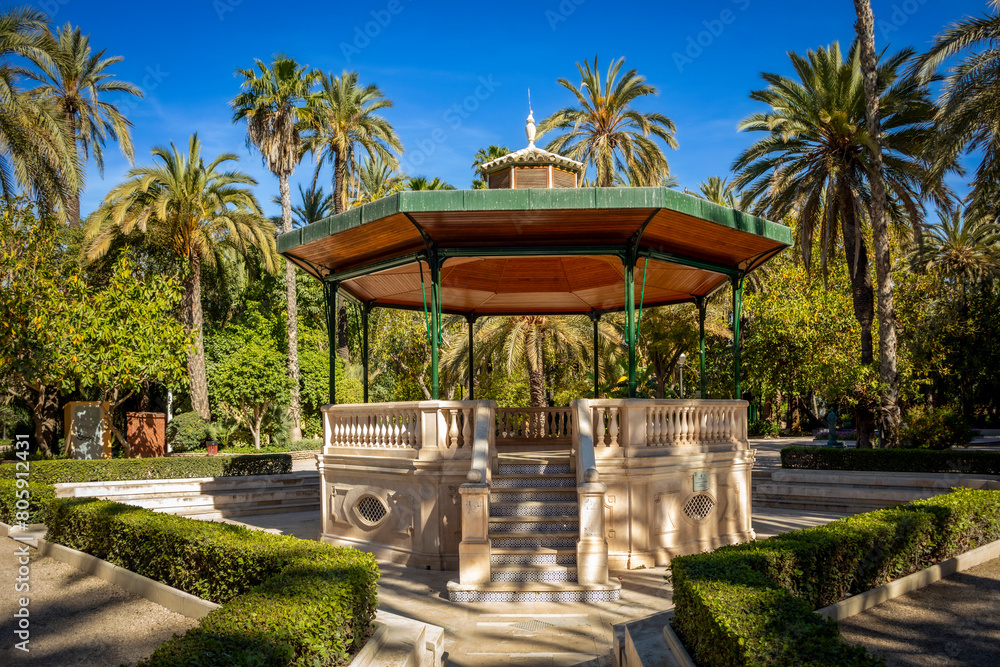 Music kiosk in the palmeral municipal park in Elche, Alicante, Valencian Community, Spain, in daylight