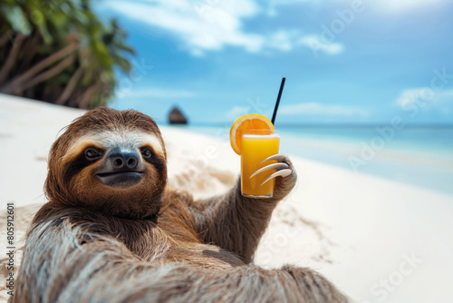 A sloth sips on a drink while enjoying the beach landscape. Generative AI