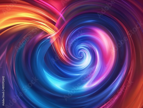 A vibrant digital art piece featuring a swirling pattern of blues, reds, and purples with a luminous, flowing texture.