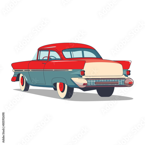 Classic car colorful cartoon illustration side view. Vintage automobile red top teal body isolated white background. Retro vehicle 1950s design chrome details tail fins