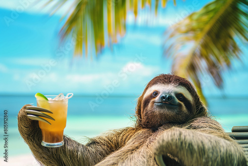 A primate relaxing under the sky with drink in hand, on . Generative AI