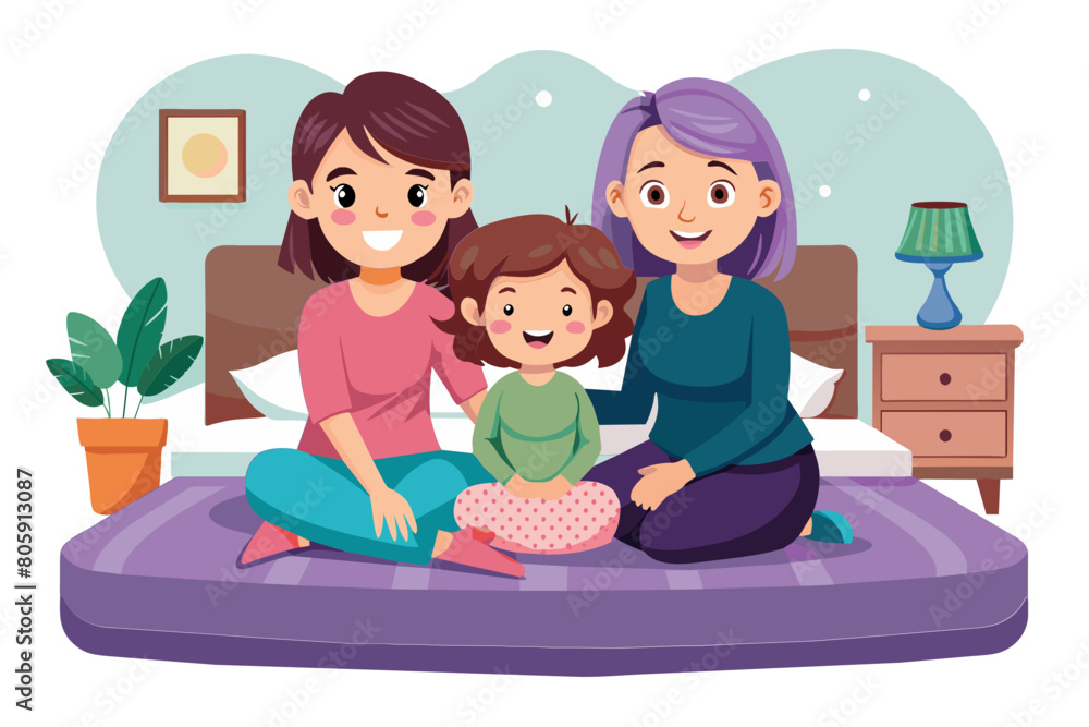 Portrait of happy older woman her young adult daughter and adorable preschooler girl smile look at camera posing lying together on bed in cozy mattress in bedroom spend free time on weekend at home Portrait of happy older woman her young adult daughter and adorable preschooler girl smile look at camera posing lying together on bed in cozy mattress in bedroom spend free time on weekend at home