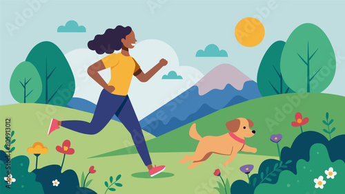 A solo jogger takes their time on the tranquil hiking trail as their wellbehaved poodle frolics in the wildflowers.. Vector illustration