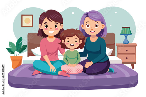 Portrait of happy older woman her young adult daughter and adorable preschooler girl smile look at camera posing lying together on bed in cozy mattress in bedroom spend free time on weekend at home