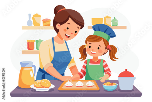 Lovely child and mom preparing buns in the kitchen Young adult 30s mother teach her adorable preschooler 6s daughter to cook making together homemade dough smiling enjoy dessert cooking at home