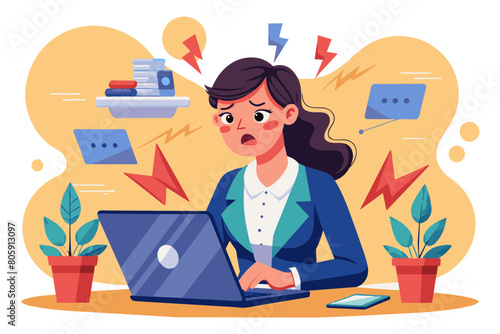 Businesswoman angry because her laptop is broken swearing gesturing technical glitch disrupting her workflow encountering critical errors data loss of important project slow internet connection