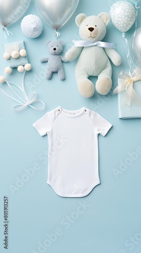 a baby one size against a blue background. Make it look like a baby shower.