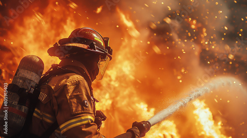 A firefighter wearing protective gear battles a raging fire. photo