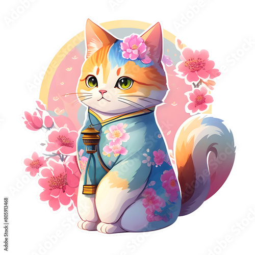 Adorable cat in Asian Japanese Korean costume in transparent background. photo