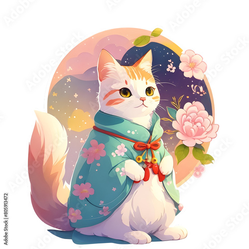 Adorable cat in Asian Japanese Korean costume in transparent background. photo