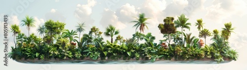 A lush tropical island with palm trees and a body of water