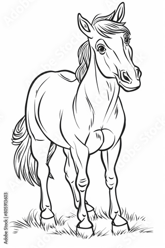 A cartoon drawing of a horse with a mane, standing in the grass. sketch. Generative AI