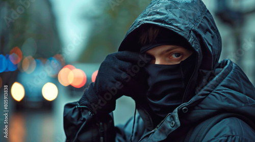 A man in a black jacket and a black robber mask adjusts his hood on a dark street during the rain. photo
