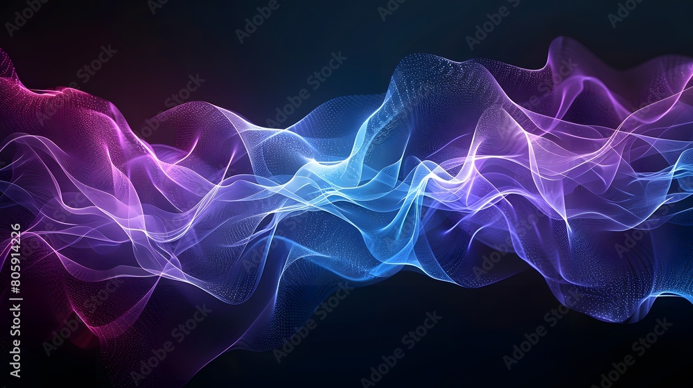 Fototapeta premium Abstract sound waves with detailed elements on black background, glowing effect, blue and purple colors
