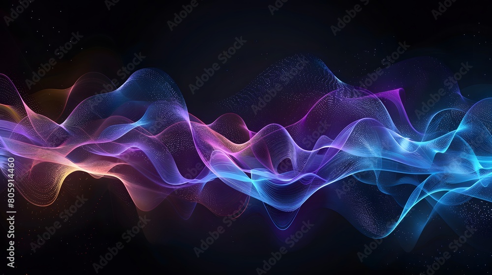Obraz premium Abstract sound waves with detailed elements on black background, glowing effect, blue and purple colors