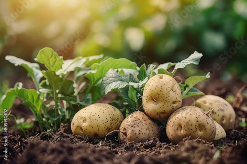 Freshly harvested potatoes rest on the soil alongside their leafy green plants  bathed in warm sunlight. The image captures the essence of farm-to-table goodness.