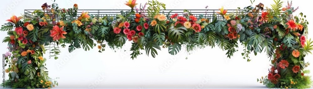 A large archway of flowers is suspended above a white background A large archway of flowers is suspended above a white background