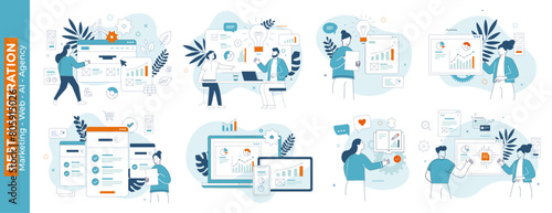 Stock market, finance, ai ,marketing concept Illustration set. Scenes with people trading on the stock exchange. Vector illustration