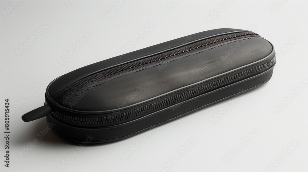 A sleek black zippered eyeglass case on a white background. A sleek black zippered eyeglass case on a white background.