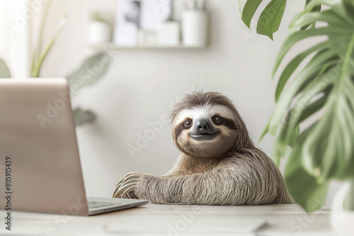 Threetoed sloth perched on wooden desk next to laptop. Generative AI photo