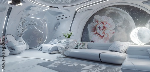 A sleek, white living room aboard a futuristic spaceship, adorned with Chinese peony and moon wallpaper.  photo
