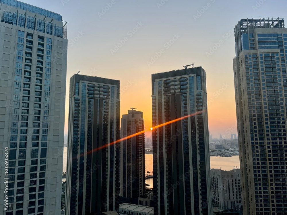 Skyscrapers view at the sunset time