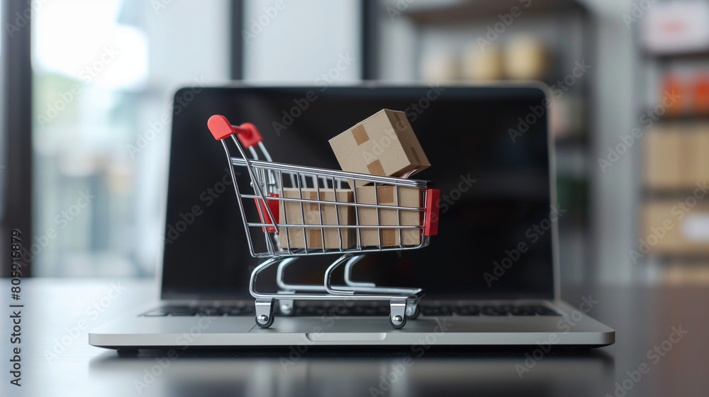A shopping cart filled with boxes stands proudly on a laptop atop a table, symbolizing the seamless integration of e-commerce and technology in modern retail experiences.