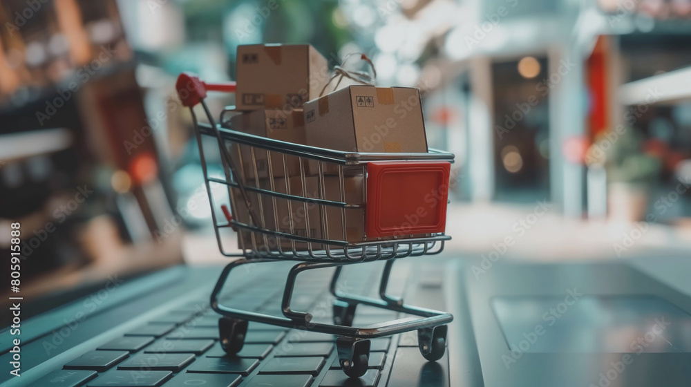 Resting on a laptop keyboard, a shopping cart filled with boxes showcases the convenience and versatility of digital commerce, where purchases can be made from anywhere at any time
