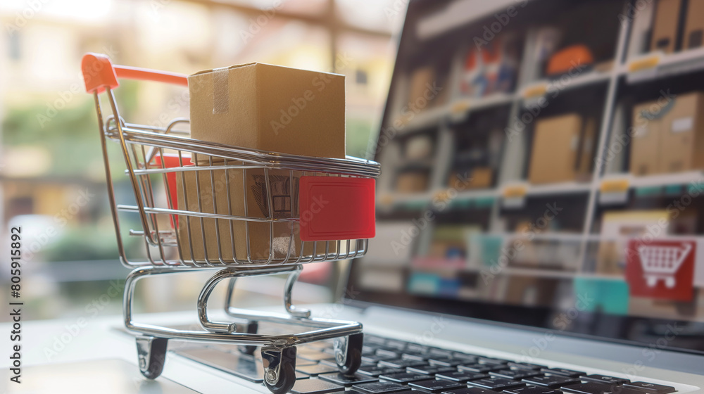 Against the backdrop of a laptop screen, a shopping cart brimming with boxes represents the efficiency and convenience of online shopping, where goods are just a click away.