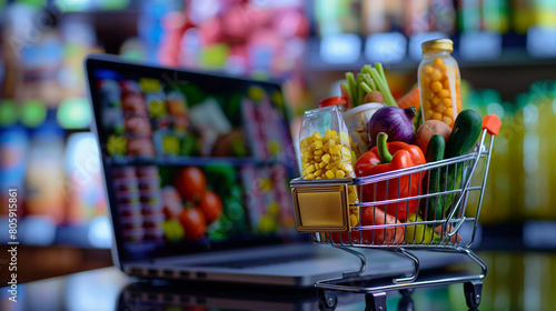Close-up: With the screen of a laptop as its backdrop, a miniature shopping cart brimming with groceries and packages reflects the modern consumer's reliance on digital platforms f