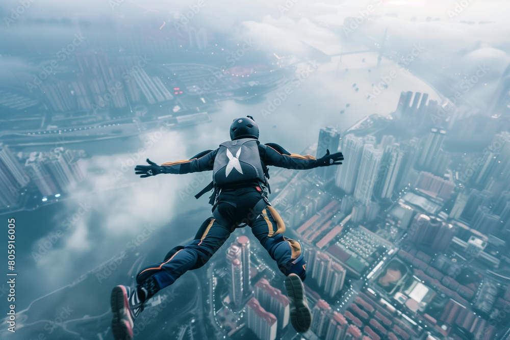 Base jumper is leaping and flying in air under the city, cityscape background, extreme sport , man skydiver Base jumper is leaping and flying in air under the city, cityscape background, extreme sport , man skydiver