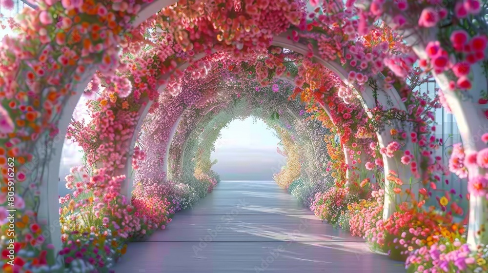 Fototapeta premium A long tunnel of flowers with a white archway